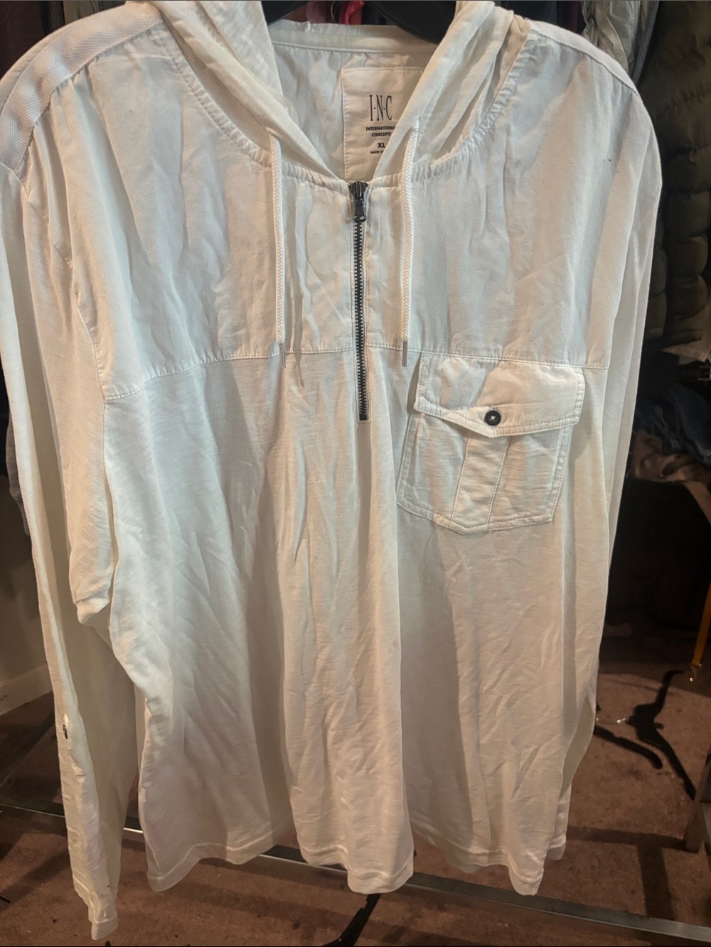 INC International Concepts White Hooded Quarter-Zip Shirt Jacket
